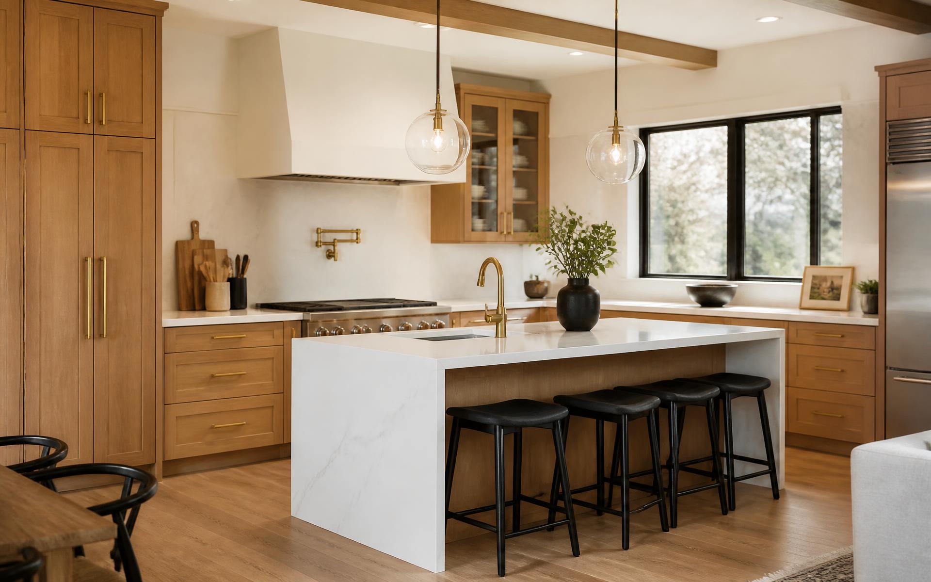 Remodeled kitchen with white oak cabinetry and a quartz waterfall island