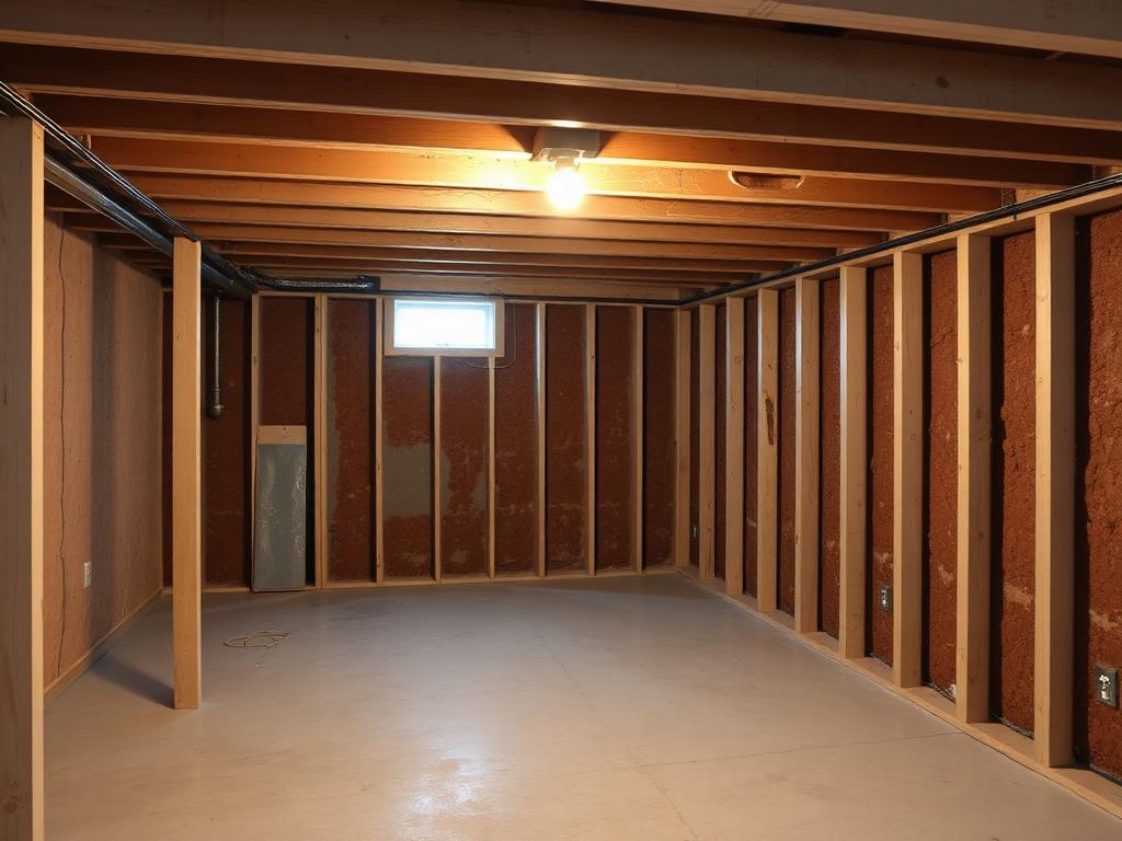 Unfinished basement with bare studs and a concrete floor before renovation