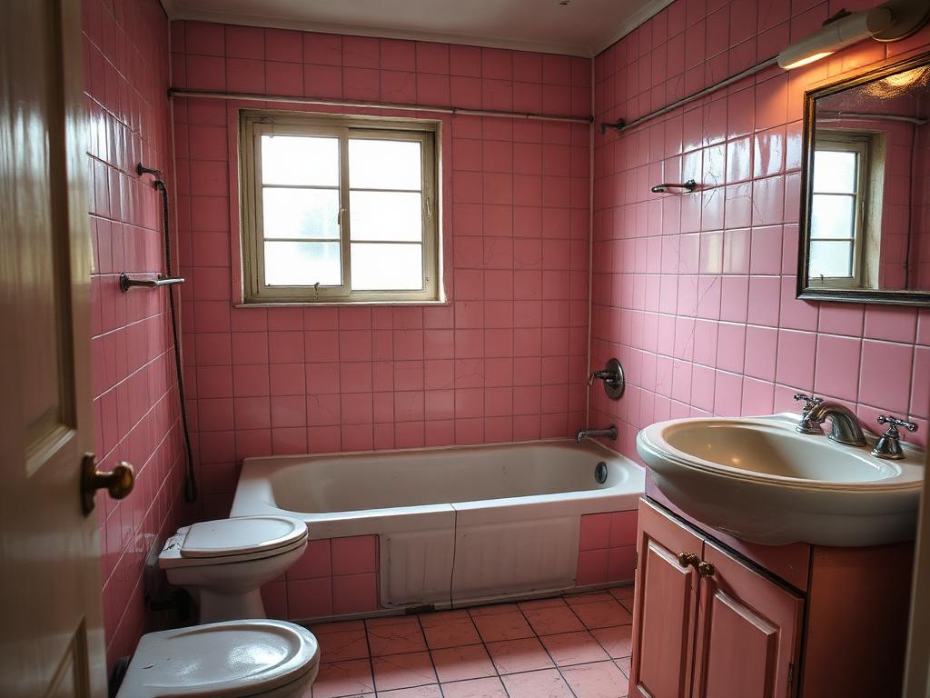 Outdated pink tile bathroom with an old tub before renovation