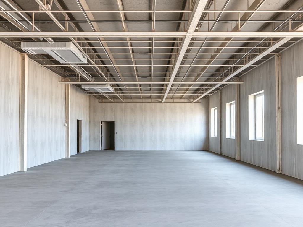 Empty commercial shell with bare concrete floor and exposed ceiling before build-out