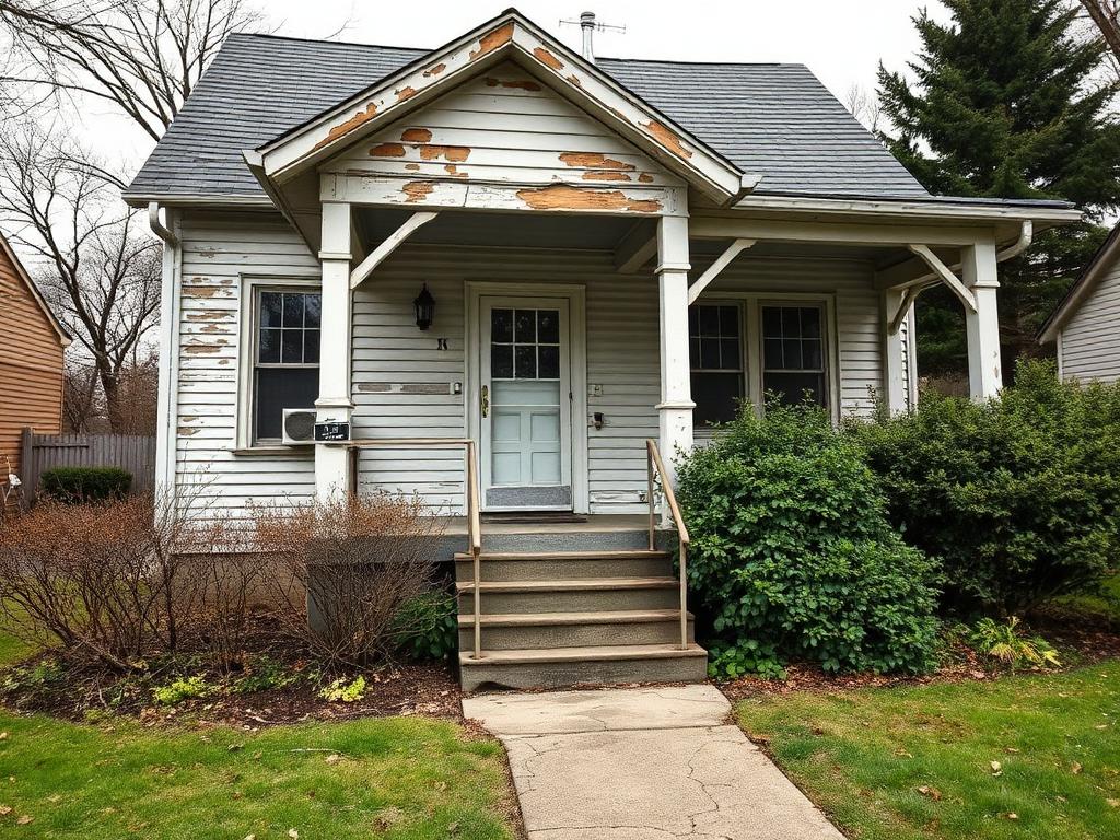 Tired home exterior with peeling siding and overgrown shrubs before renovation