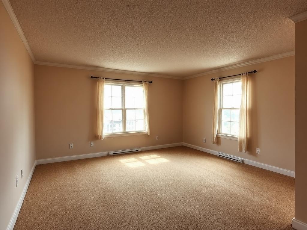 Empty living room with worn carpet and dated beige walls before renovation