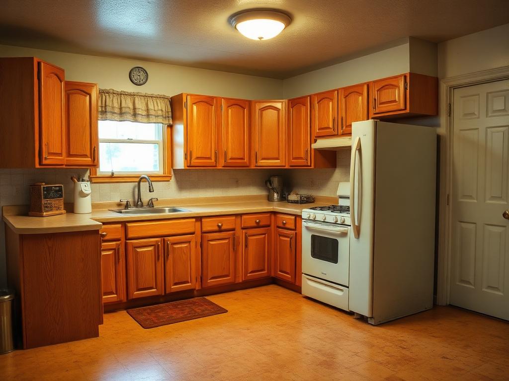 Dated kitchen with orange oak cabinets and laminate counters before renovation