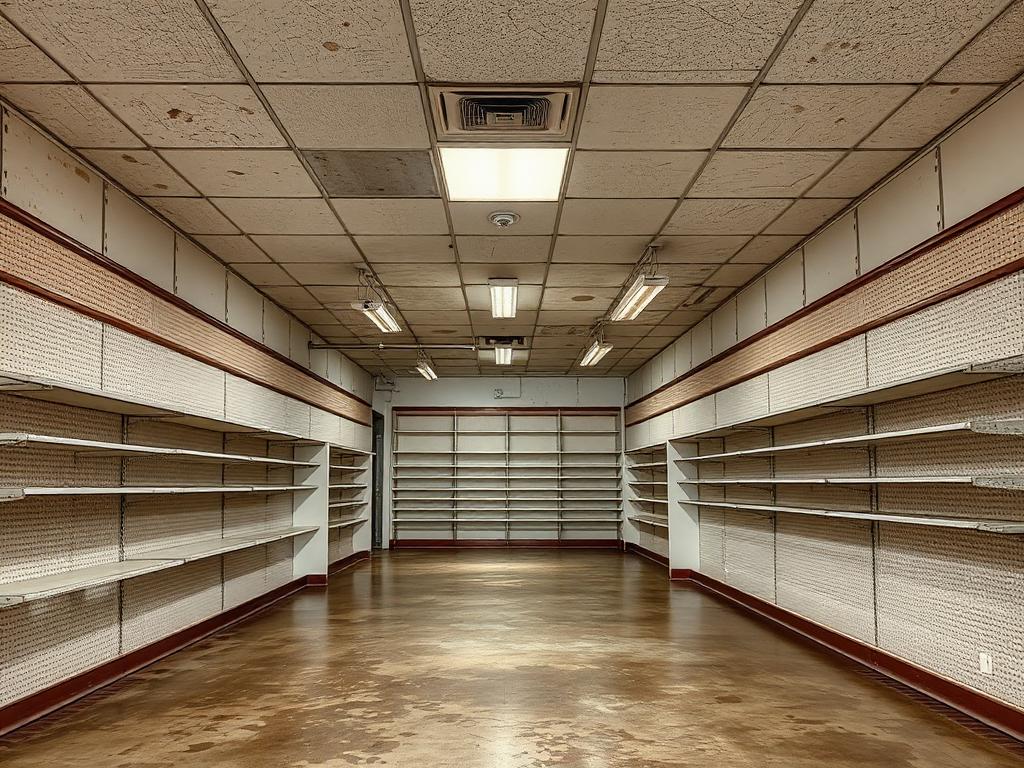 Vacant dated retail interior with stained ceiling tiles before renovation