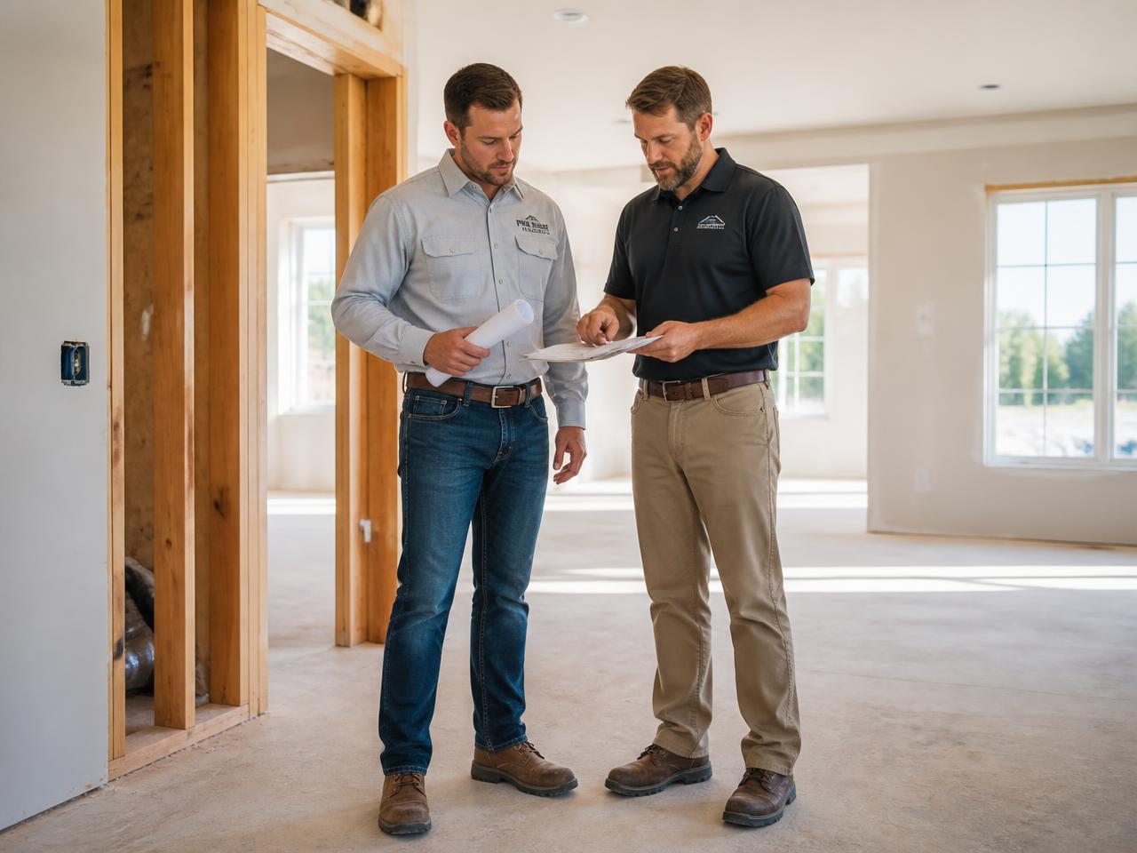 Contractors reviewing blueprints inside a home under renovation